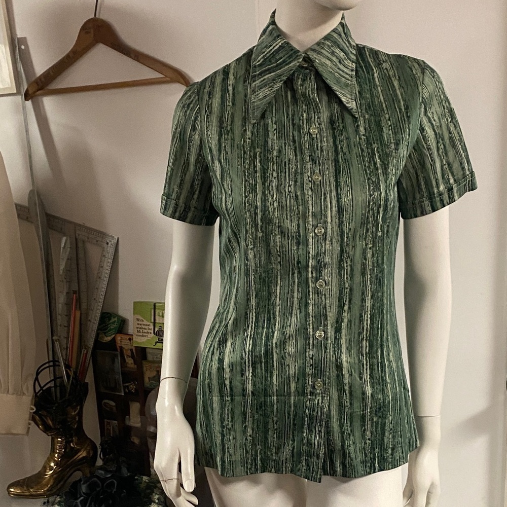 Perception Directions 70s Green Striped Dagger Collar Top - Picture 2 of 8
